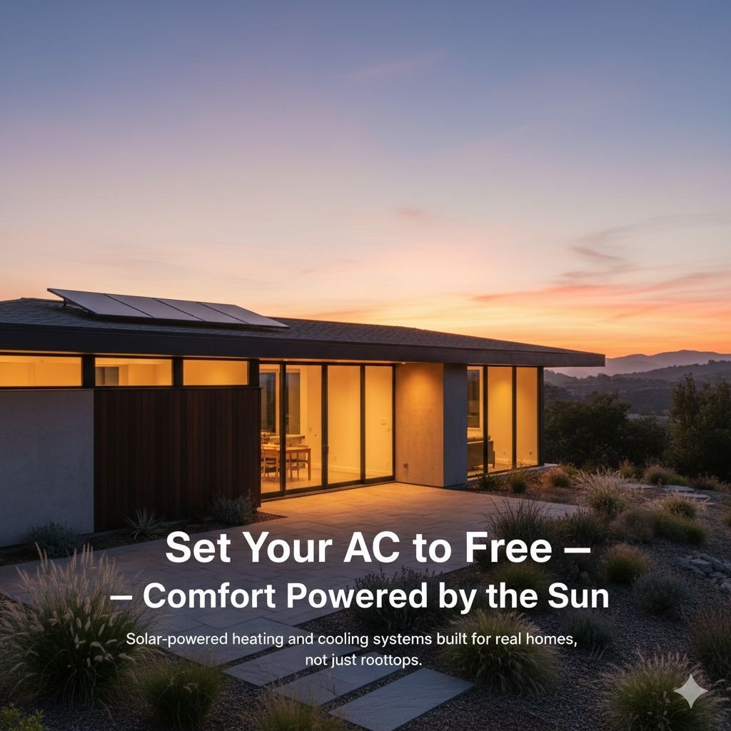 Modern house with solar panels on roof at sunset, illuminated interior, desert landscaping, promoting solar-powered heating and cooling systems