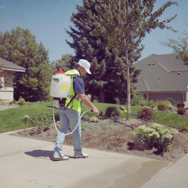 Person in yellow vest spraying pesticide in residential yard with driveway and landscaping