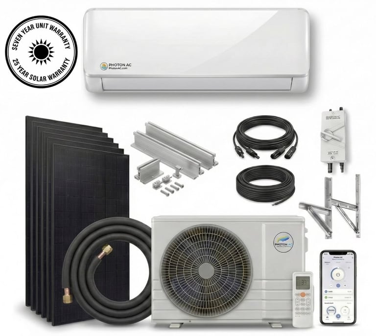 Complete solar air conditioning system kit including indoor unit, outdoor compressor, solar panels, mounting brackets, cables, and mobile control app