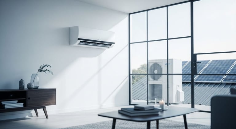 Modern minimalist living room with air conditioning unit, mid-century furniture, and large windows overlooking city skyline