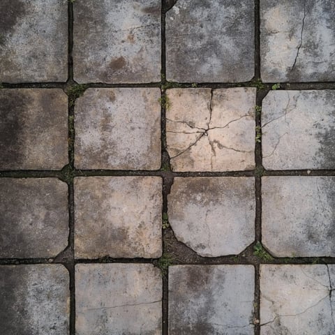Aged stone tile patio with moss growth between weathered gray and beige square pavers arranged in a grid pattern